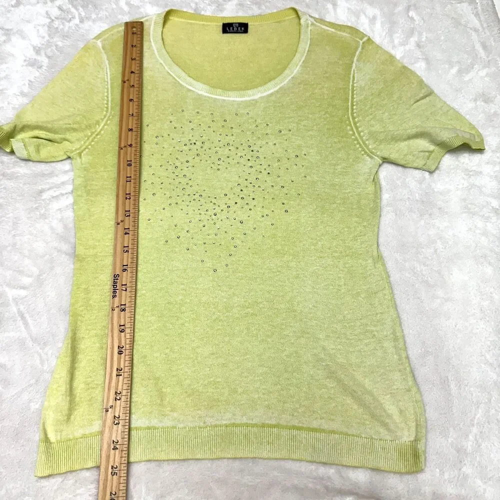 Barbara Leber Womens Lime Green Rhinestones Round Neck Cotton Sweater Sz 12